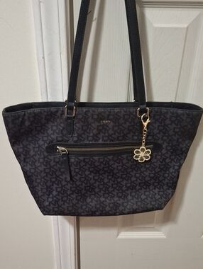 DKNY Black/Charcoal Monogram Tote with Gold Charm Accent